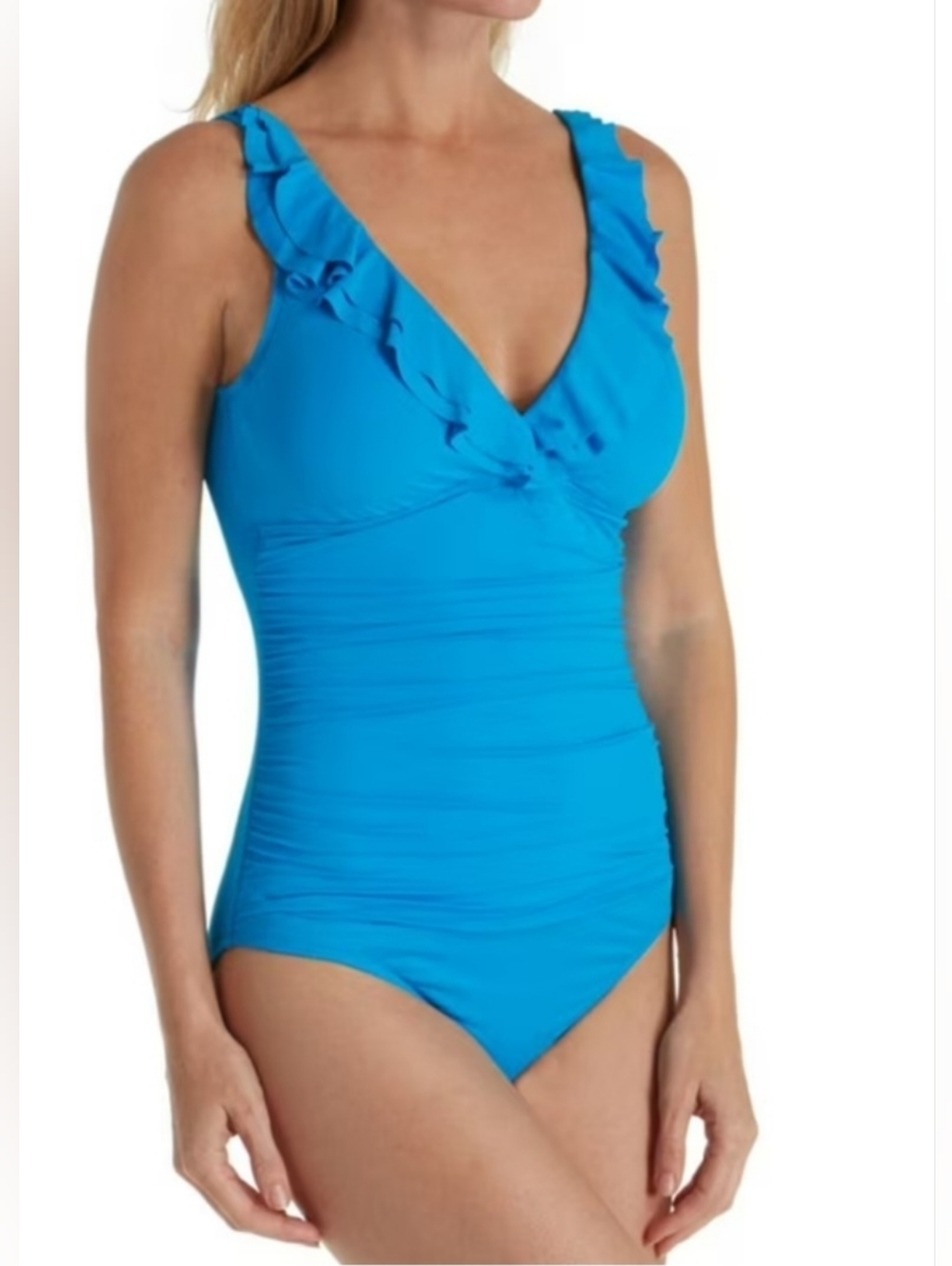 Lauren Ralph Lauren Blue One Piece Swimsuit Small Ruched Ruffle Tummy Control...